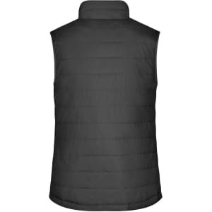 A padded black vest with a high collar and a quilted design, featuring a logo on the back.