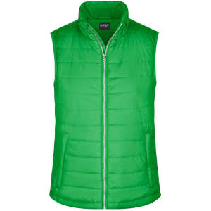 A green padded vest with a high collar and a front zipper. Features a logo on the chest area.