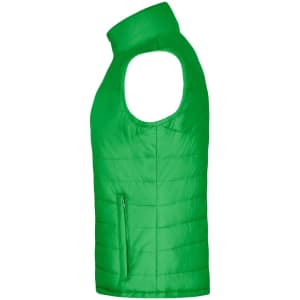 A green ladies padded vest featuring a high collar and a side pocket. The vest has a smooth, quilted texture.