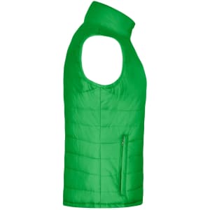 A green padded vest with a high collar and a zippered pocket on the side. It has a fitted design.