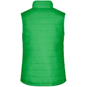A green padded vest with a high collar and horizontal quilted design, featuring a logo on the back.