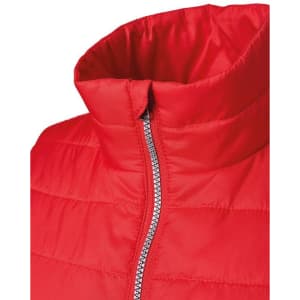 A red padded vest featuring a high collar and a zip closure, with a texture showing stitched panels.