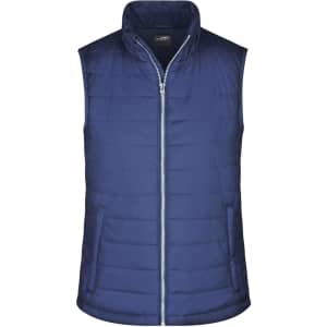 A padded vest in navy blue with a collar and front zip, featuring a logo on the label.