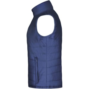 A navy padded vest with a high collar and a side zip pocket. It features a sleeveless design.
