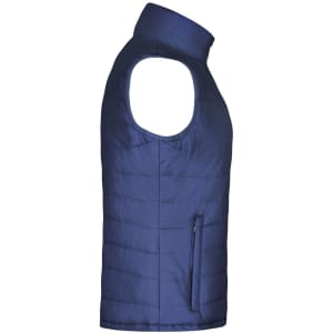 A navy padded vest with a zip pocket, featuring a sleeveless design and a high collar. It has a branding logo.