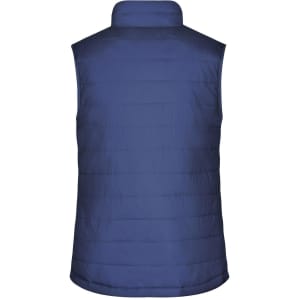 A navy padded vest with a high collar and a quilted design, featuring a logo on the back.