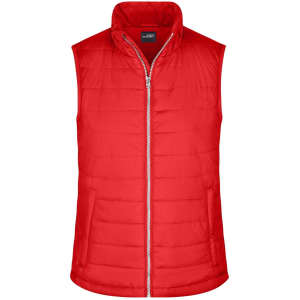 A red padded vest with a zip front and a high collar, featuring a logo on the chest.
