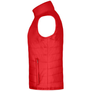 A red padded vest with a high collar and sleeveless design, featuring a zippered pocket on the side.