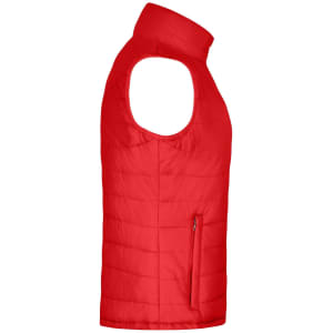 A red padded vest featuring a high collar and a zippered side pocket. The vest has a sleeveless design.
