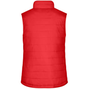 A red padded vest with a high collar and quilted design, featuring a logo on the back.