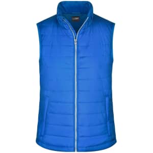 A blue padded vest with a zip front and high collar. It features a logo on the upper left side.