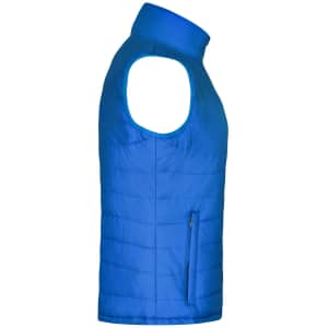 A blue padded vest with no sleeves, featuring a zippered pocket on the side and a collar.