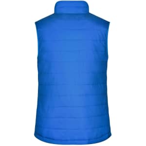 A blue padded vest with a high collar and no sleeves, featuring a logo on one side.
