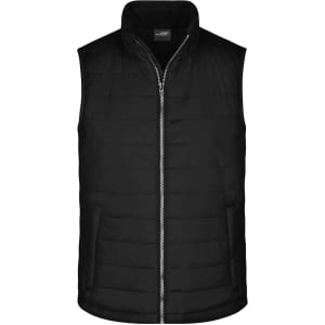 A black padded vest with a zip front and high collar, featuring a logo. Ideal for layering in cooler weather.