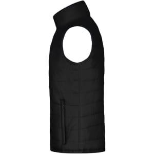 A black padded vest with a high collar and armholes, featuring a side zip pocket.