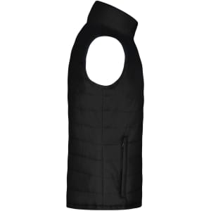 A black padded vest featuring sleeveless design and a zip pocket. The vest has a high collar and quilted texture.