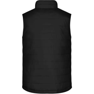A black padded vest with a high collar and a smooth, quilted design. It features a logo on the back.
