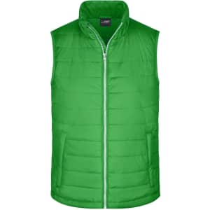 A green padded vest featuring a zip closure and a high collar, with branding on the inside.