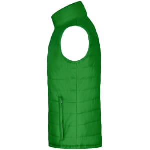 A green padded vest with a high collar and a zippered side pocket, featuring a logo.
