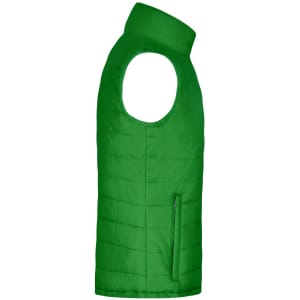 A green padded vest with a high collar and side pocket, featuring a logo on the front.