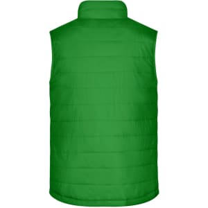 A green padded vest with a high collar and stitched detailing at the back. The vest has a branding logo.