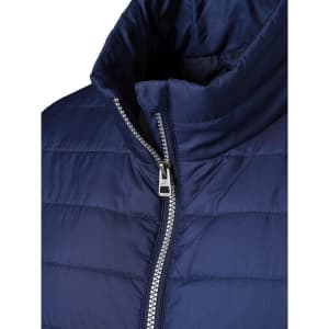 A navy padded vest featuring a high collar and a silver zip closure, with a quilted design.