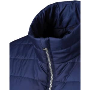 A navy padded vest featuring a high collar and zip closure, with a logo visible.