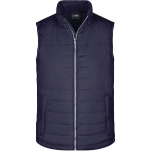 A navy men's padded vest with a high collar and a front zip, featuring a logo on the upper section.