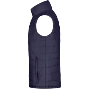 A navy padded vest with an open arm design and a zipped side pocket. It features a logo on the fabric.