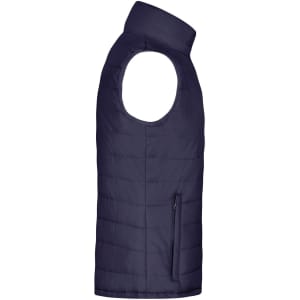 A navy padded vest with a high collar and side zip pocket, featuring a smooth finish and no sleeves.