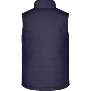 A navy padded vest with a high collar and quilted design, featuring a logo on the back.