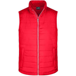 A red padded vest with a zip front and high collar, featuring side pockets and a logo.