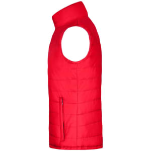 A red padded vest with a high collar and one side zip pocket, featuring a logo on the front.