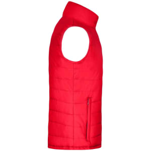 A red padded vest featuring a high collar and a side zip pocket, with no sleeves.