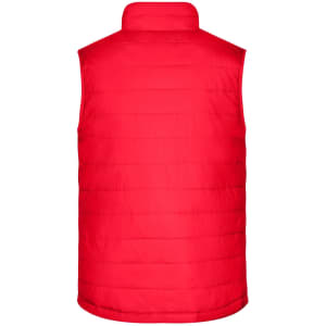 A red padded vest with a high collar and a quilted design, featuring a logo on the back.