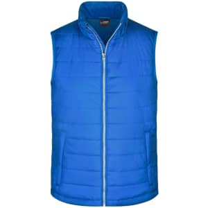 A blue padded vest with a zip front and a high collar. It features a logo on the chest area.