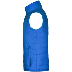 A blue padded vest with a high collar and a zippered side pocket. The design features no sleeves.