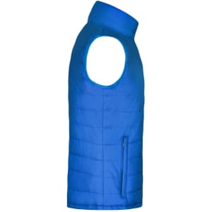 A blue padded vest with a high collar and a side zip pocket, featuring a logo.