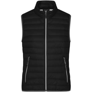 A black ladies down vest with zippered front pockets and a stand-up collar. It features a simple design and has a logo.