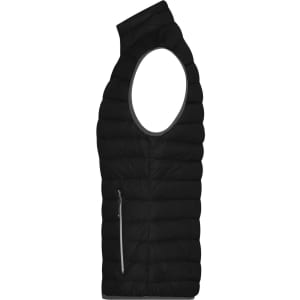 A black ladies down vest with a high collar and a side zip pocket, featuring a sleek, padded design.