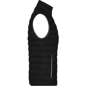 A black ladies down vest featuring a sleeveless design and a zippered pocket. It has a logo on it.