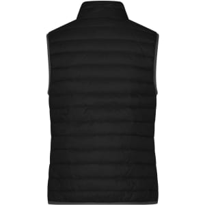 A black down vest with a quilted texture and a high collar, featuring a logo on the back.