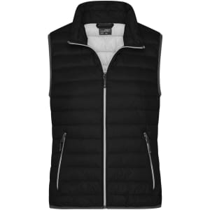 A black ladies down vest with a zip front and two side pockets, featuring a logo on the interior.