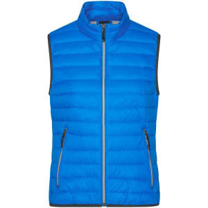 A bright blue ladies down vest with a quilted design, featuring a high collar and zippered front pockets.