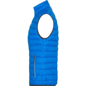 A blue ladies down vest with a sleeveless design and a zippered side pocket.