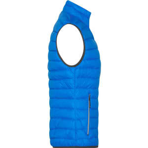 A blue down vest with a high collar and a zippered side pocket, featuring a sleek design.