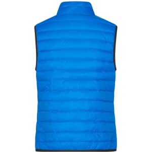 A bright blue down vest with a quilted design and a high collar. It features a contrasting black trim and has a logo.