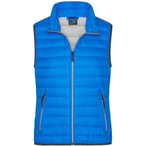 A bright blue down vest with a zip front, featuring side pockets and a contrasting grey interior, along with branding.