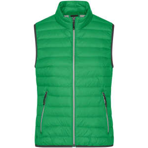 A green ladies down vest featuring a zip closure and two side pockets, with a contrasting trim.
