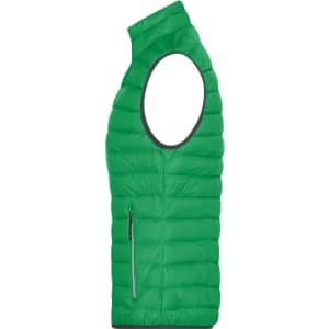 A green ladies down vest with a sleeveless design and a side pocket. It features a logo on the design.